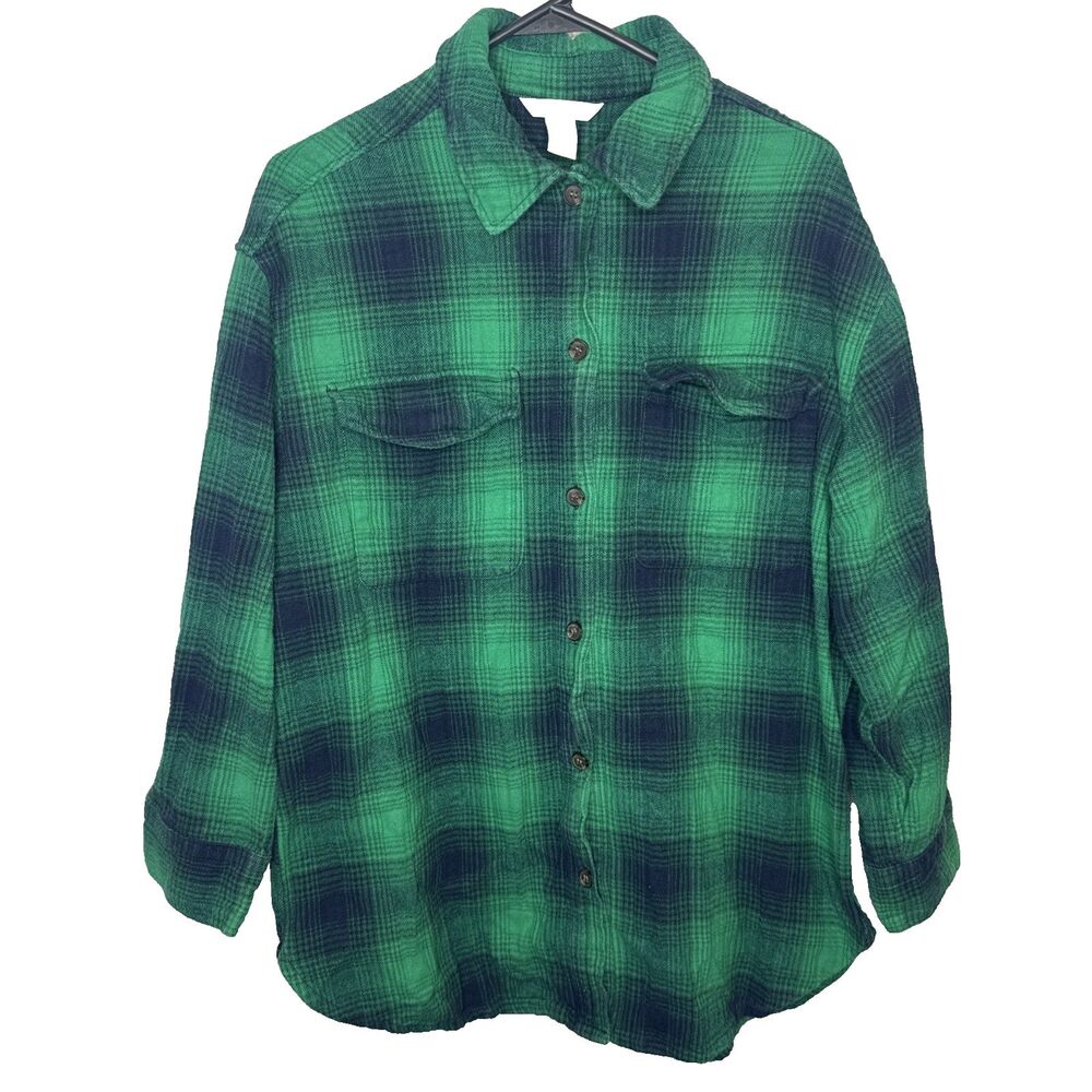 HM Mens Size Medium Plaid Flannel Shirt Long Sleeve Green Blue Button Up M